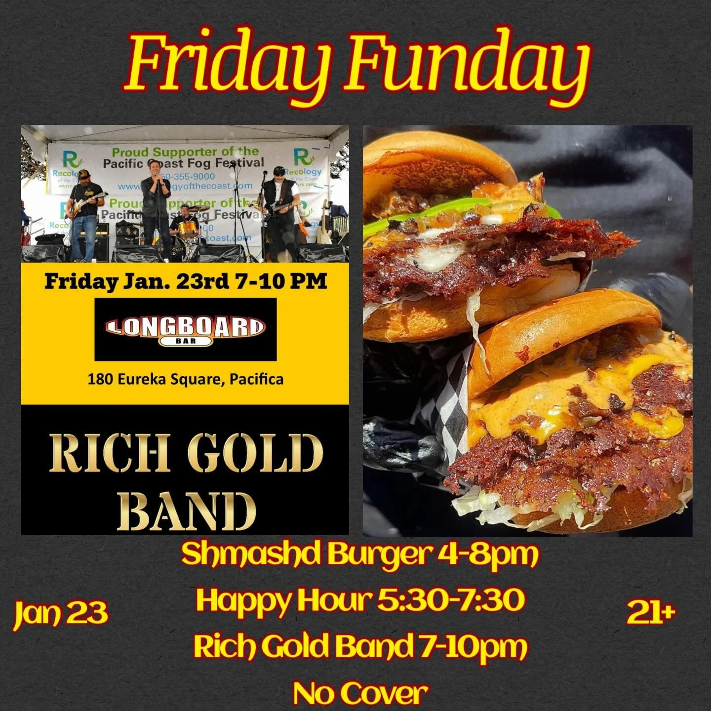 #shmashedburgers #pacifica #livemusic #happyhour #longboardbarandvenue