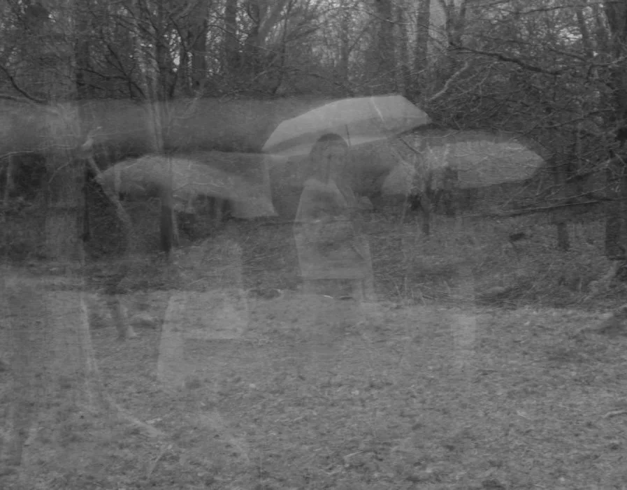 A person holding an umbrella outdoors, with a faint reflection of trees and the person visible in a wet surface, possibly a window or glass door.