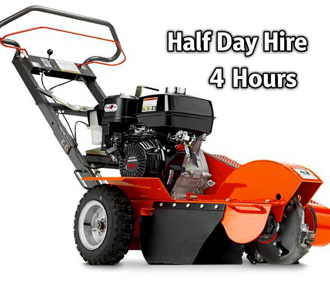 Orange Husqvarna SG13 stump grinder with Honda engine for half day hire, featuring wheeled base and cutting wheel for tree stump removal on Waiheke Island