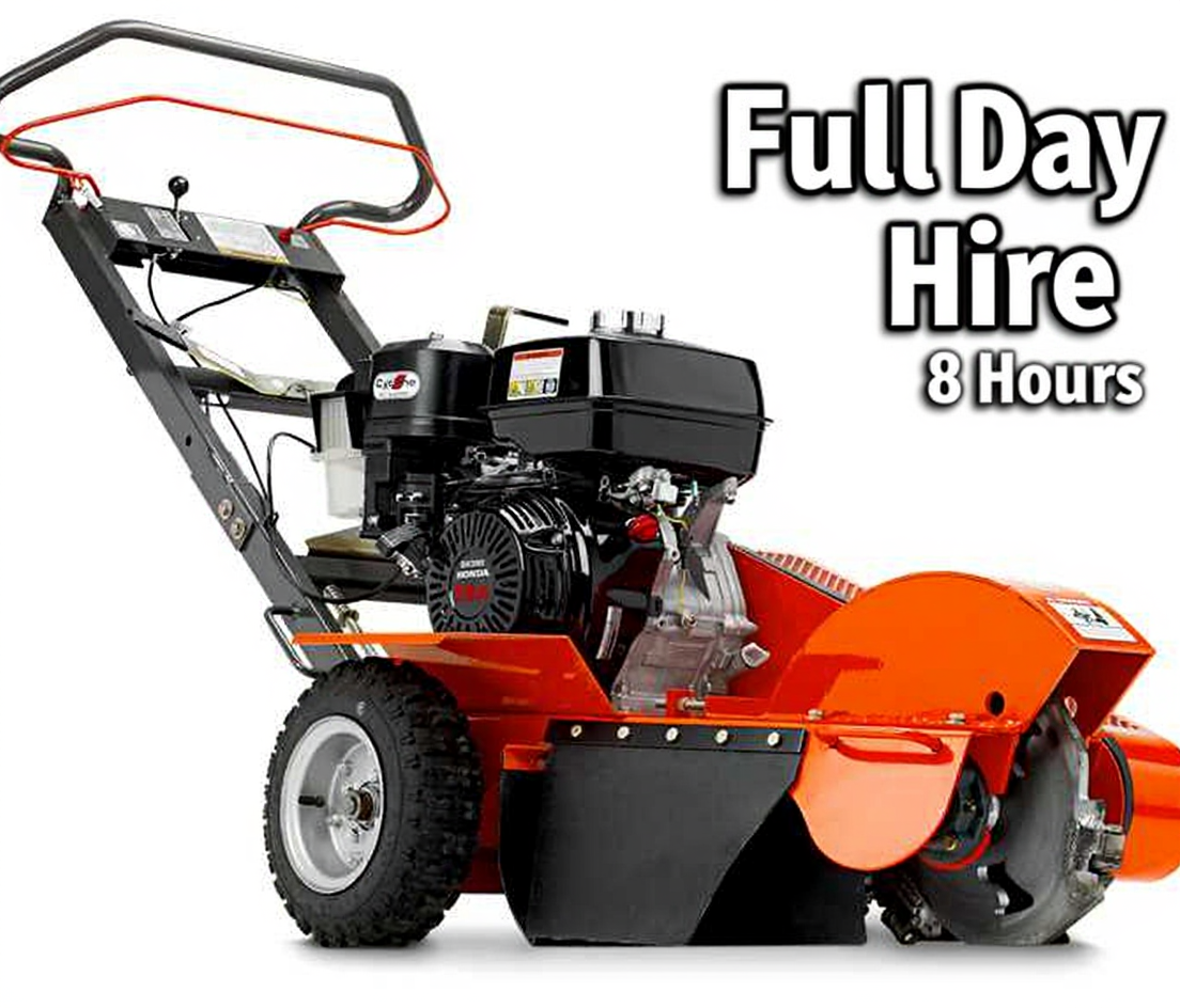 Orange Husqvarna SG13 stump grinder with Honda engine available for full day hire, showing wheeled base and cutting wheel for professional stump grinding