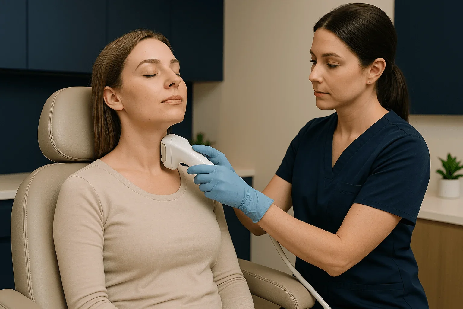 A healthcare professional using a medical device on a seated woman with eyes closed in a clinical setting.