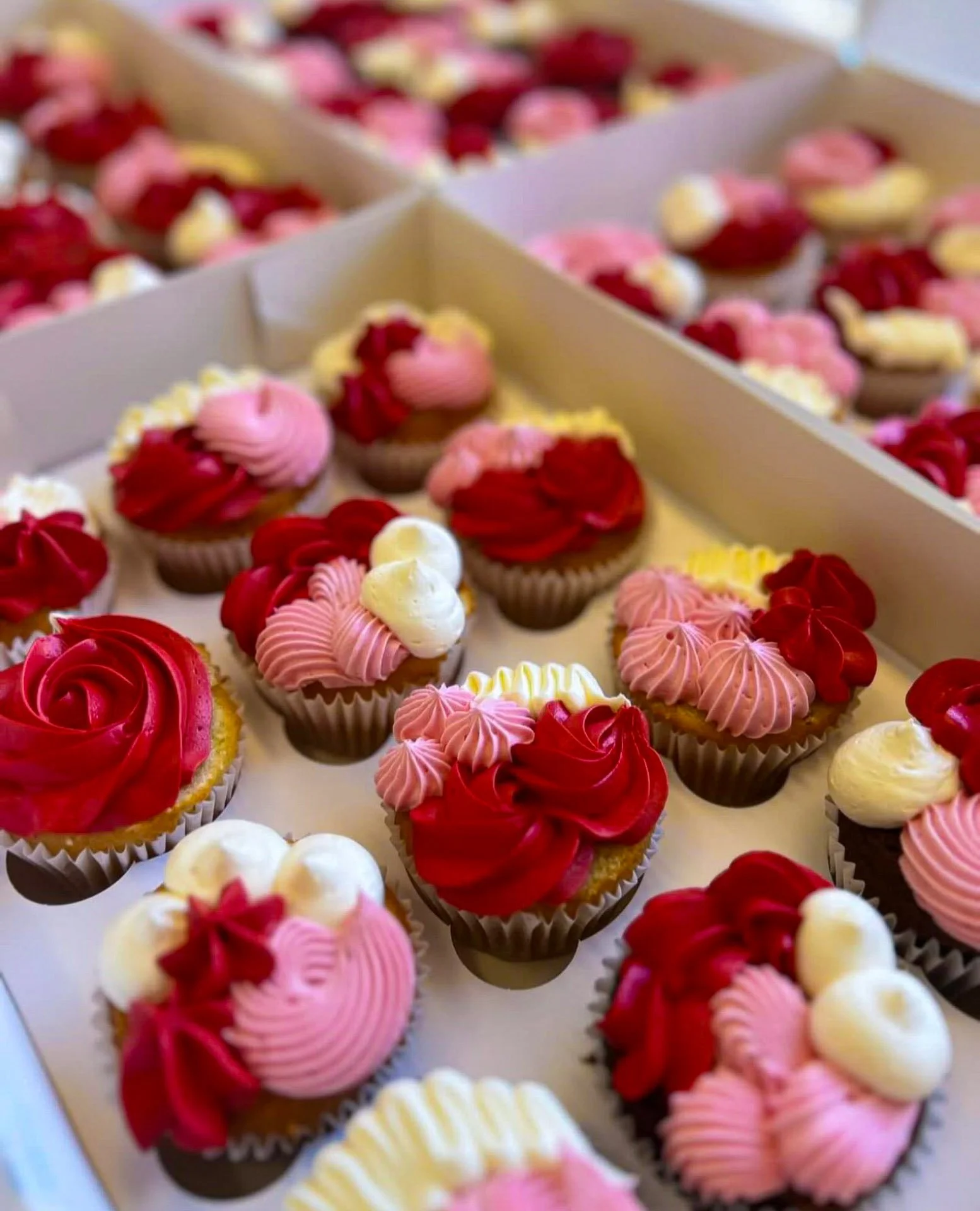 Box of pink, red, and white decorated cupcakes with various frosting designs.