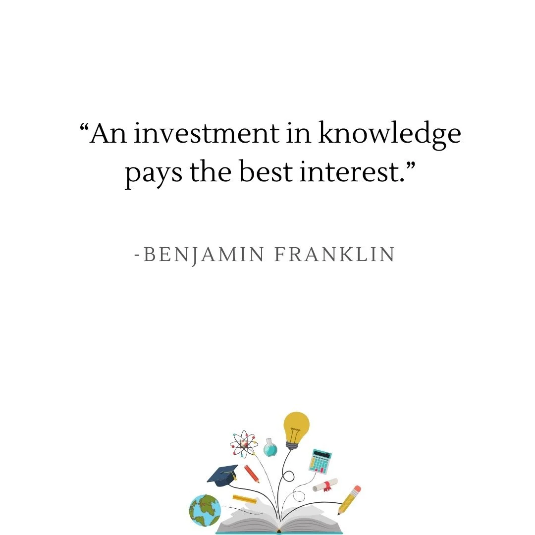 Benjamin Franklin's quote, &quot;An investment in knowledge pays the best interest,&quot; captures the idea that learning is a lifelong asset with endless returns. #education #tutoring #individualizedlearning #growth #learning #progress #focus #child