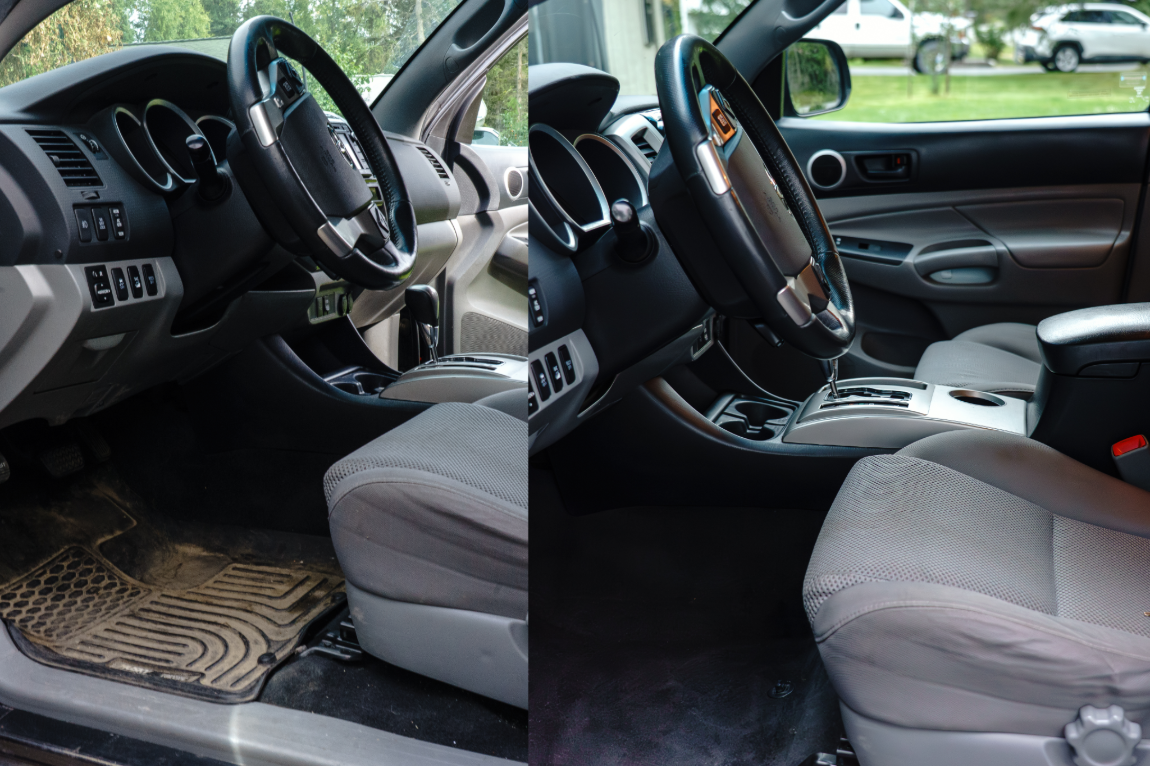 Side-by-side comparison of two car interiors focusing on the driver side, showing differences in the cleanliness and condition of the floor mats and upholstery.