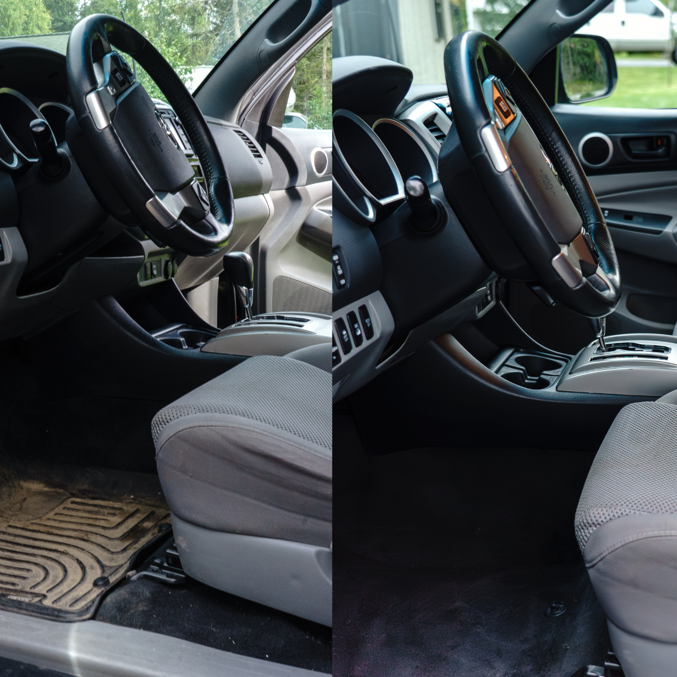 Side-by-side comparison of car interiors, showing differences in cleanliness and organization of the driver side including the floor mats, seats, and dashboard.