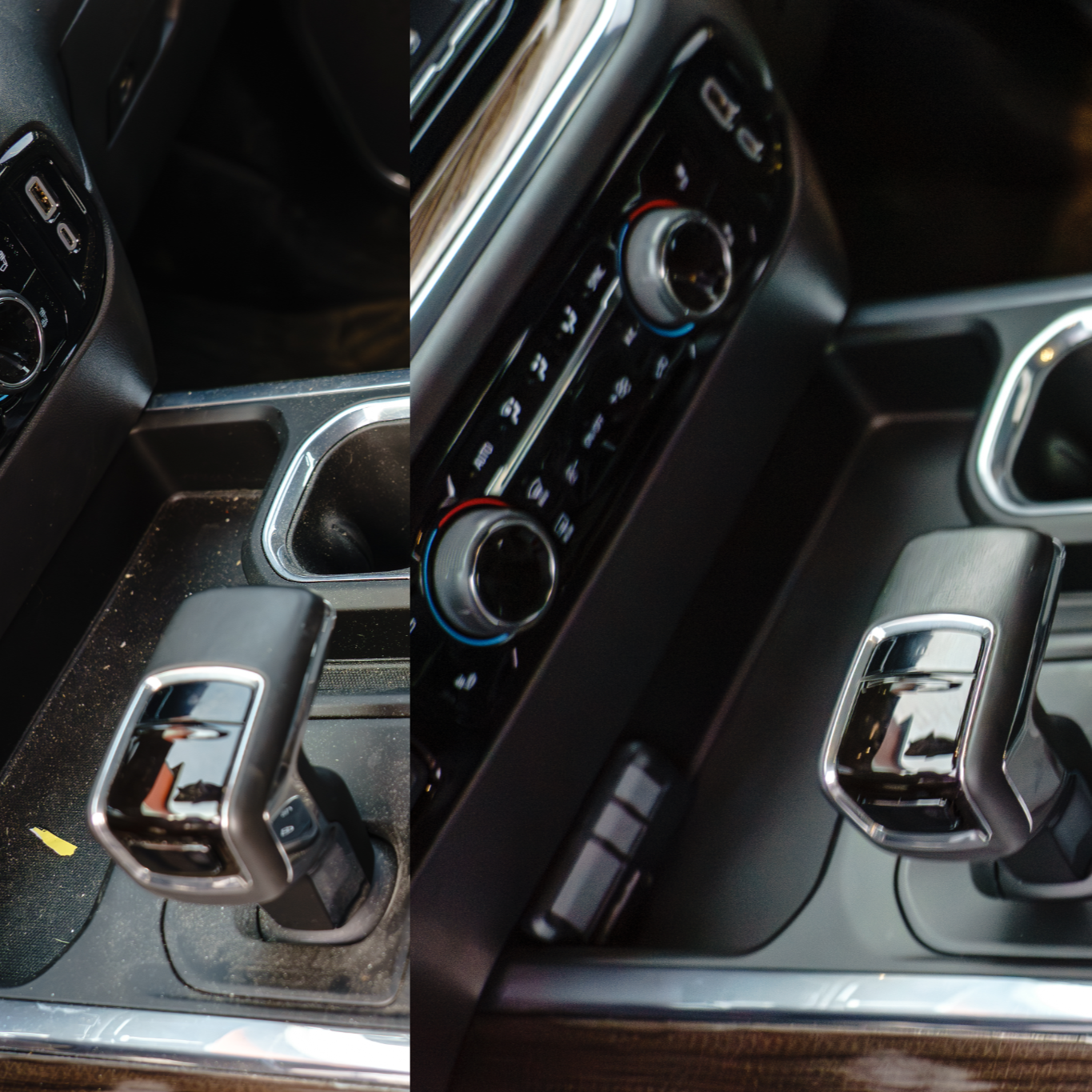 Close-up of a car's interior center console featuring a gear shift and climate control knobs.