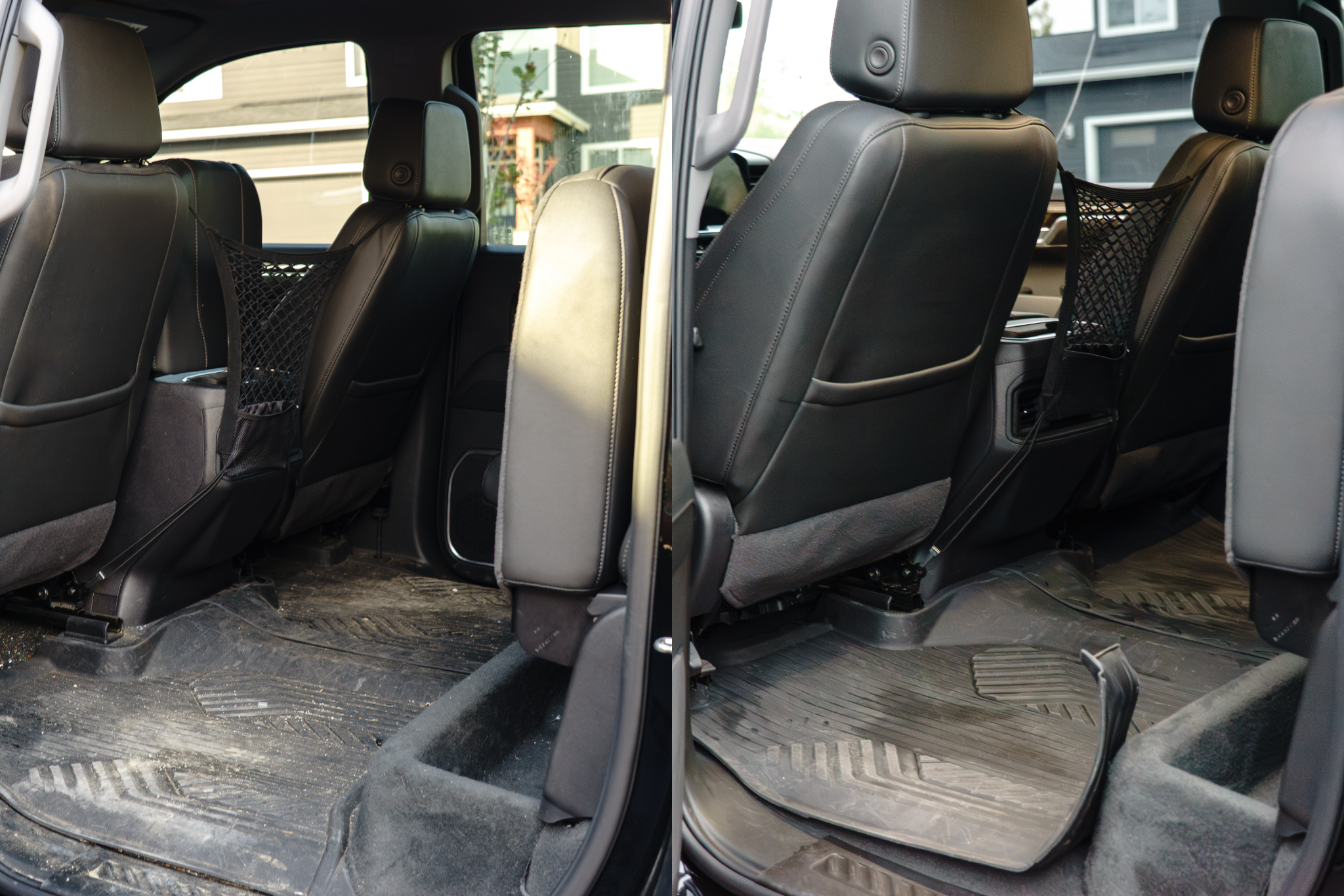 Comparison of the back seats and floor mats of a vehicle, showing the dirt and wear on the floor mats.