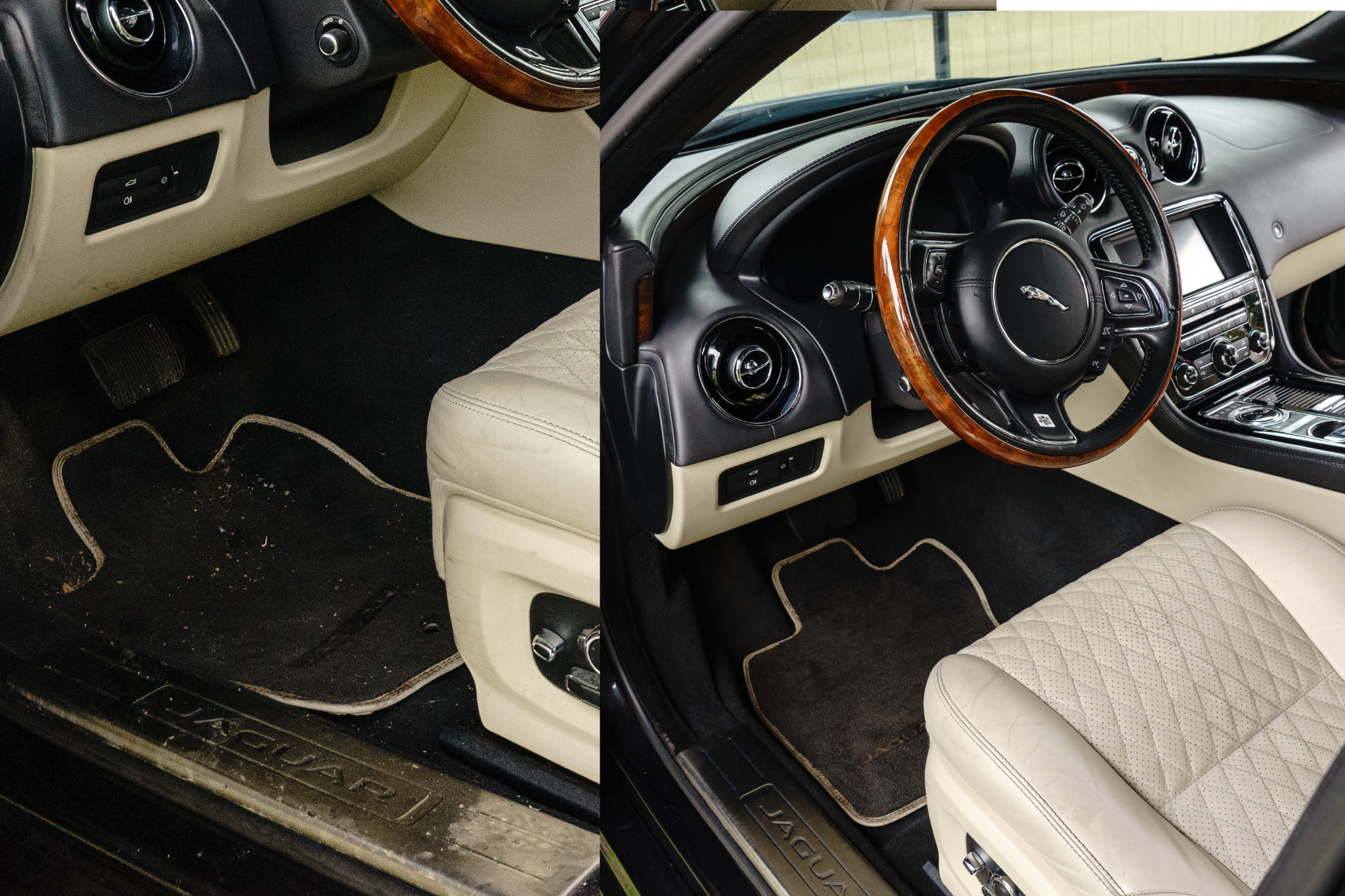 Comparison of the front interior of a Jaguar car, showing the before and after cleaning and detailing of the passenger side footwell and seat area. The left side depicts a dirty footwell with debris and a worn mat, while the right side features a clean, well-maintained interior with a quilted seat, clean mat, and polished dashboard.
