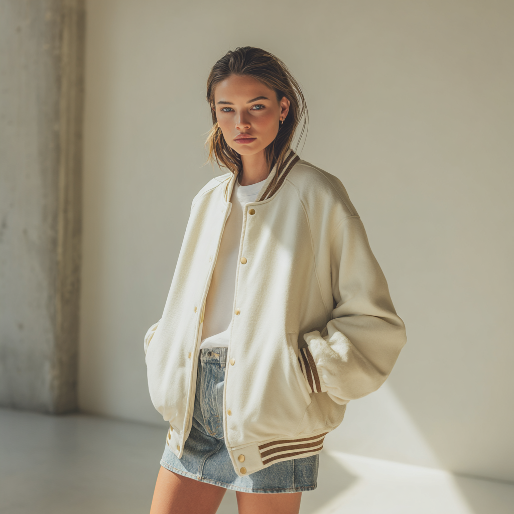 Axis Jacket — off-white varsity-style bomber jacket with ribbed striped collar, cuffs, and hem | Stella Luna & Co.