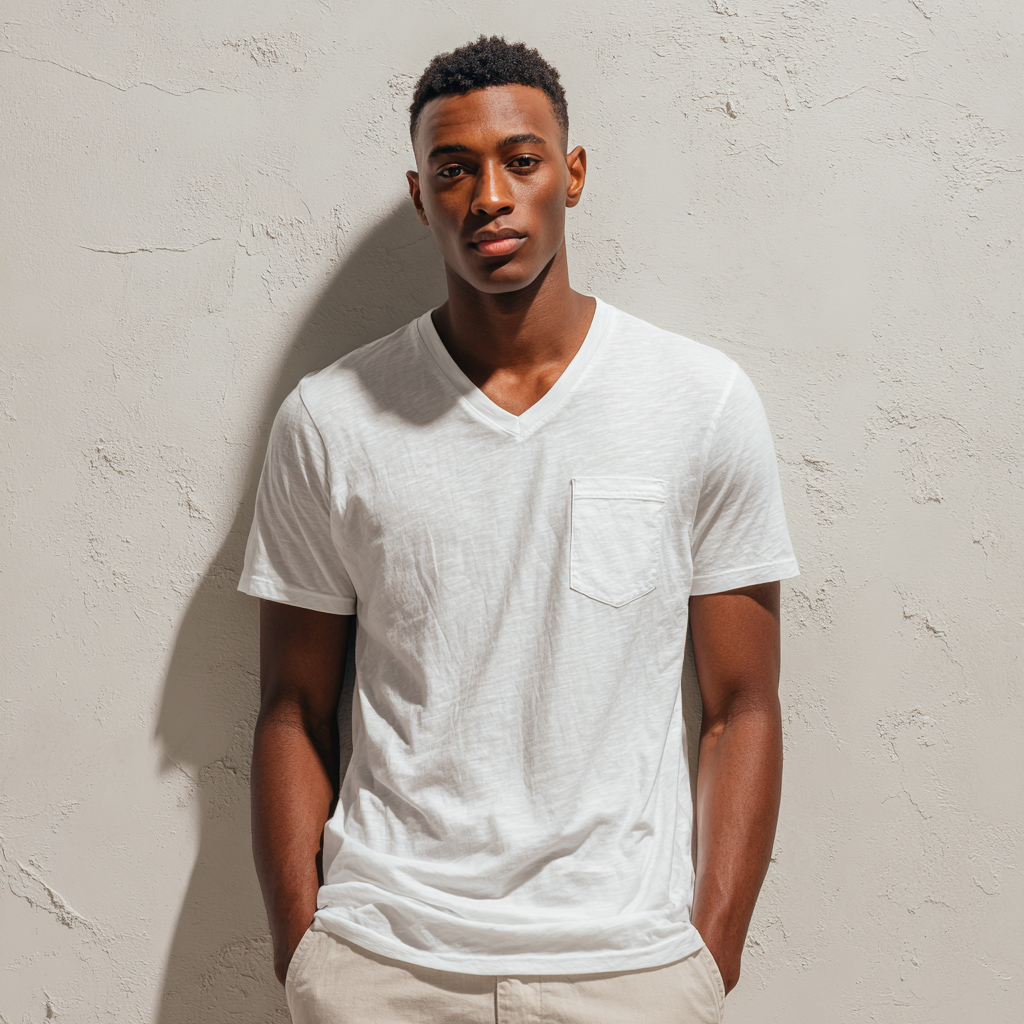 Male model wearing the Orion V-Neck Tee — tailored slim-fit white t-shirt with chest pocket, designed for indie fashion brands. Digital sewing pattern by Stella Luna & Co.