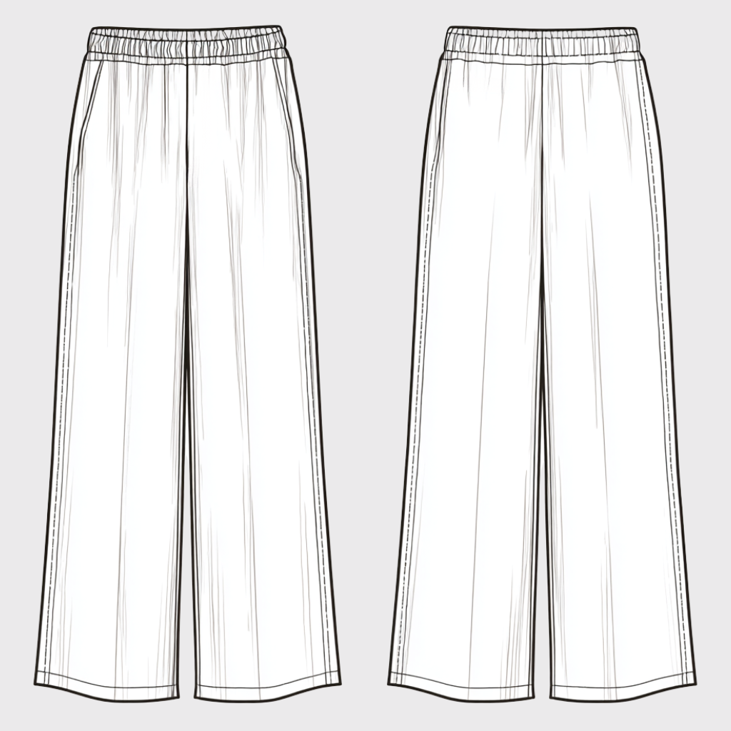 Luna Wide-Leg Pant — front and back flat technical drawing showing elastic waistband, full-length leg, and wide relaxed fit | Stella Luna & Co.