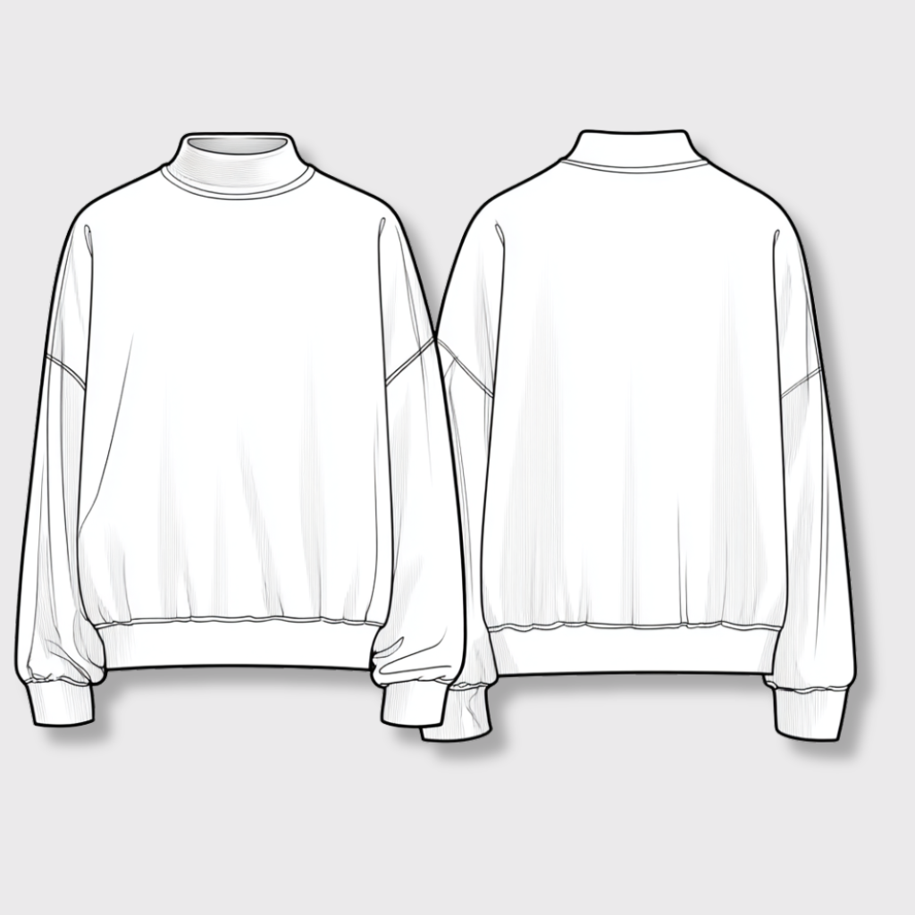 Nova Mock Neck Sweatshirt — front and back flat technical drawing showing mock neckline, dropped shoulders, and ribbed hem | Stella Luna & Co.