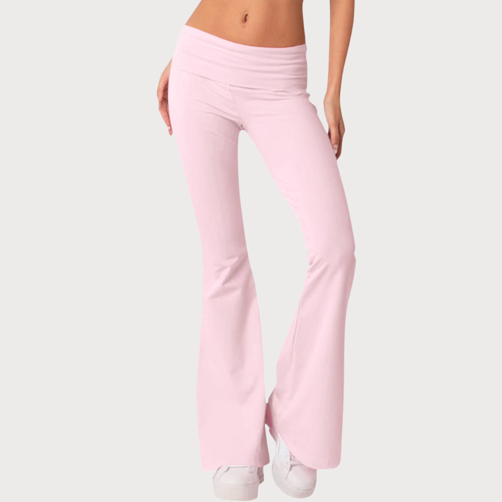 Aurora Fold-Over Flare Legging — light-pink fold-over waistband legging with flared hem and body-hugging fit | Stella Luna & Co.