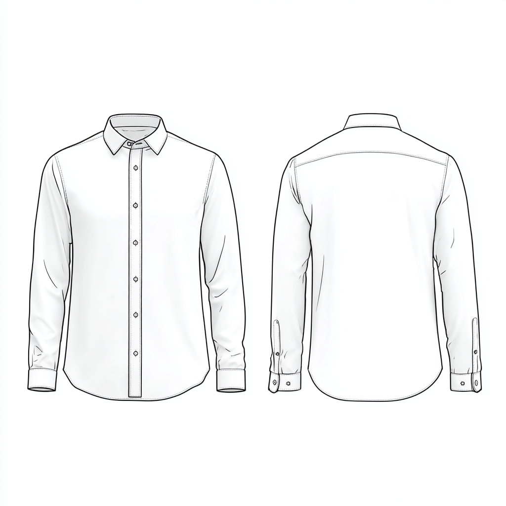 Vega Long-Sleeve Button Down — front and back flat technical drawing showing button placket, collar, and cuffed sleeves | Stella Luna & Co.