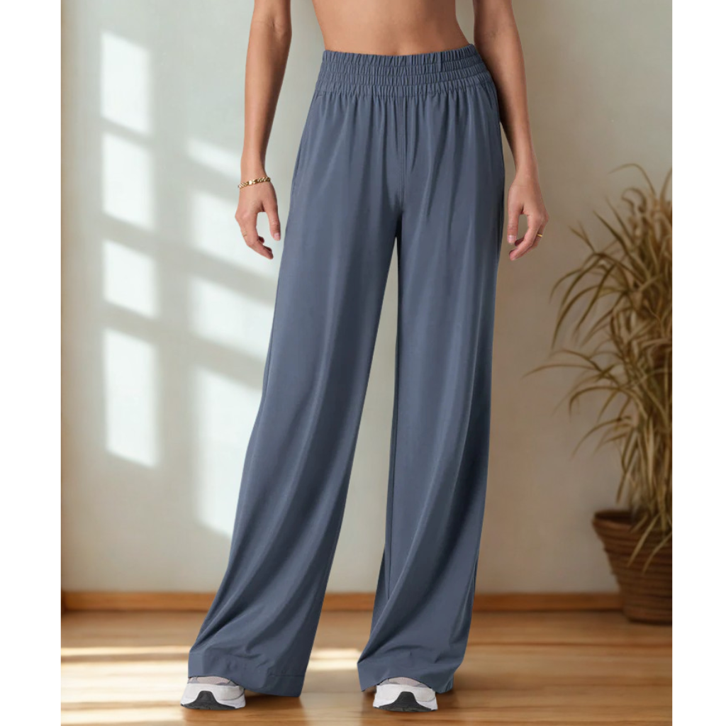 Luna Wide-Leg Pant — slate blue wide-leg pant with high waist, elastic waistband, and fluid relaxed silhouette | Stella Luna & Co.