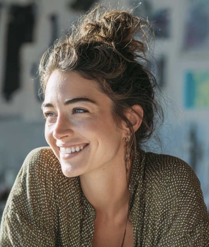 A smiling young woman with curly hair, glasses, and hoop earrings indoors.