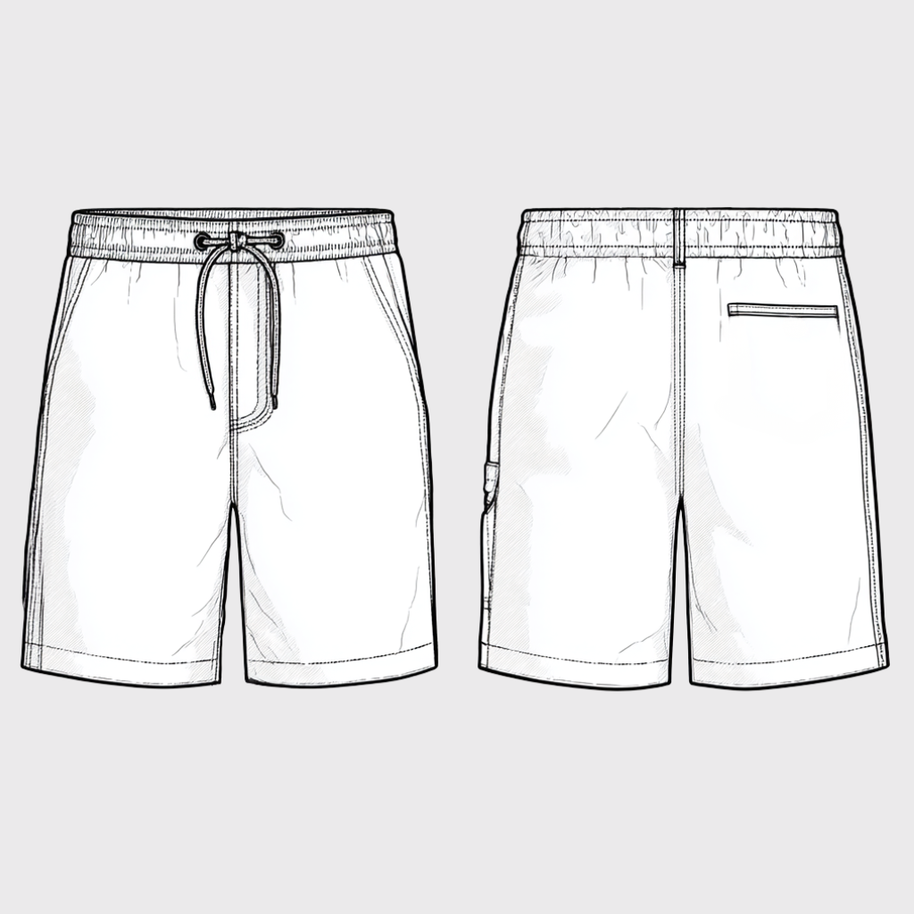 Voyageur Short — flat technical drawing showing front and back views of men’s elastic-waist athletic short with drawcord and welt pocket | Stella Luna & Co.