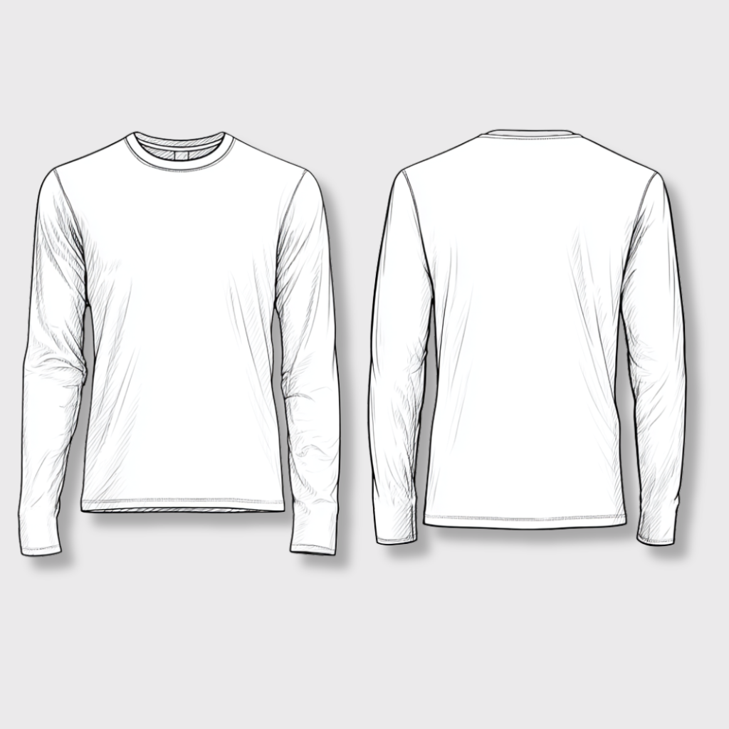 Orion Crewneck Long Sleeve T-Shirt — front and back technical flat sketch showing crew neckline, set-in sleeves and straight hem | Stella Luna & Co.