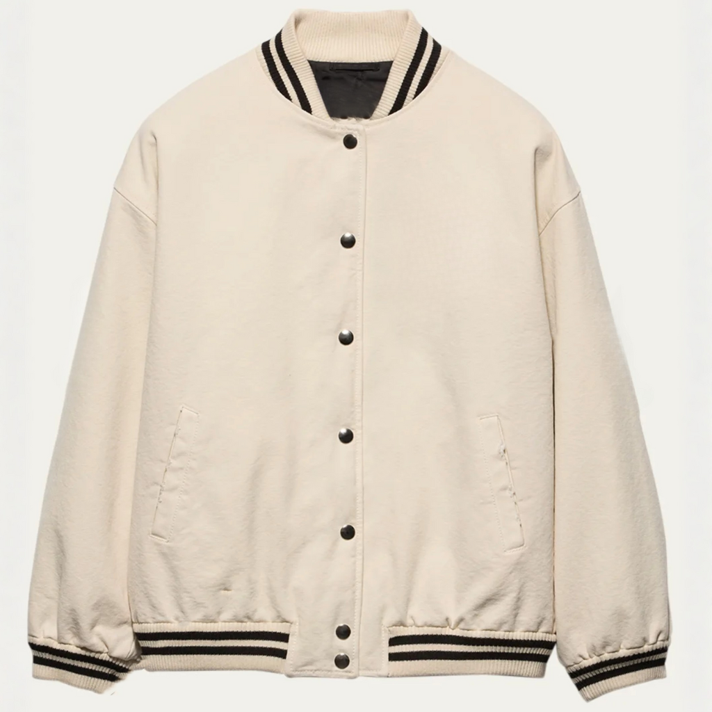 Axis Jacket — varsity bomber jacket in off-white with snap buttons and striped ribbed details | Stella Luna & Co.