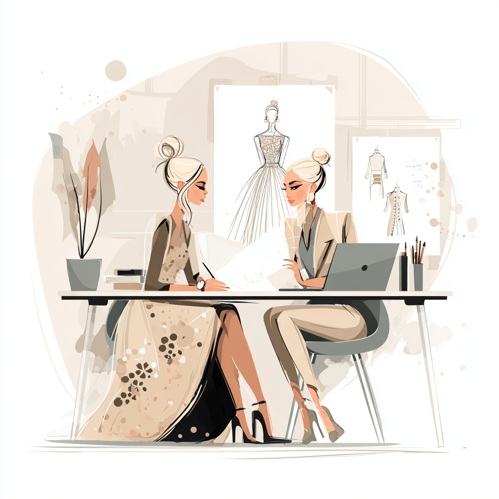 Illustration of two fashion designers in a consulting session, symbolizing Stella Luna & Co.’s one-on-one fashion development guidance.