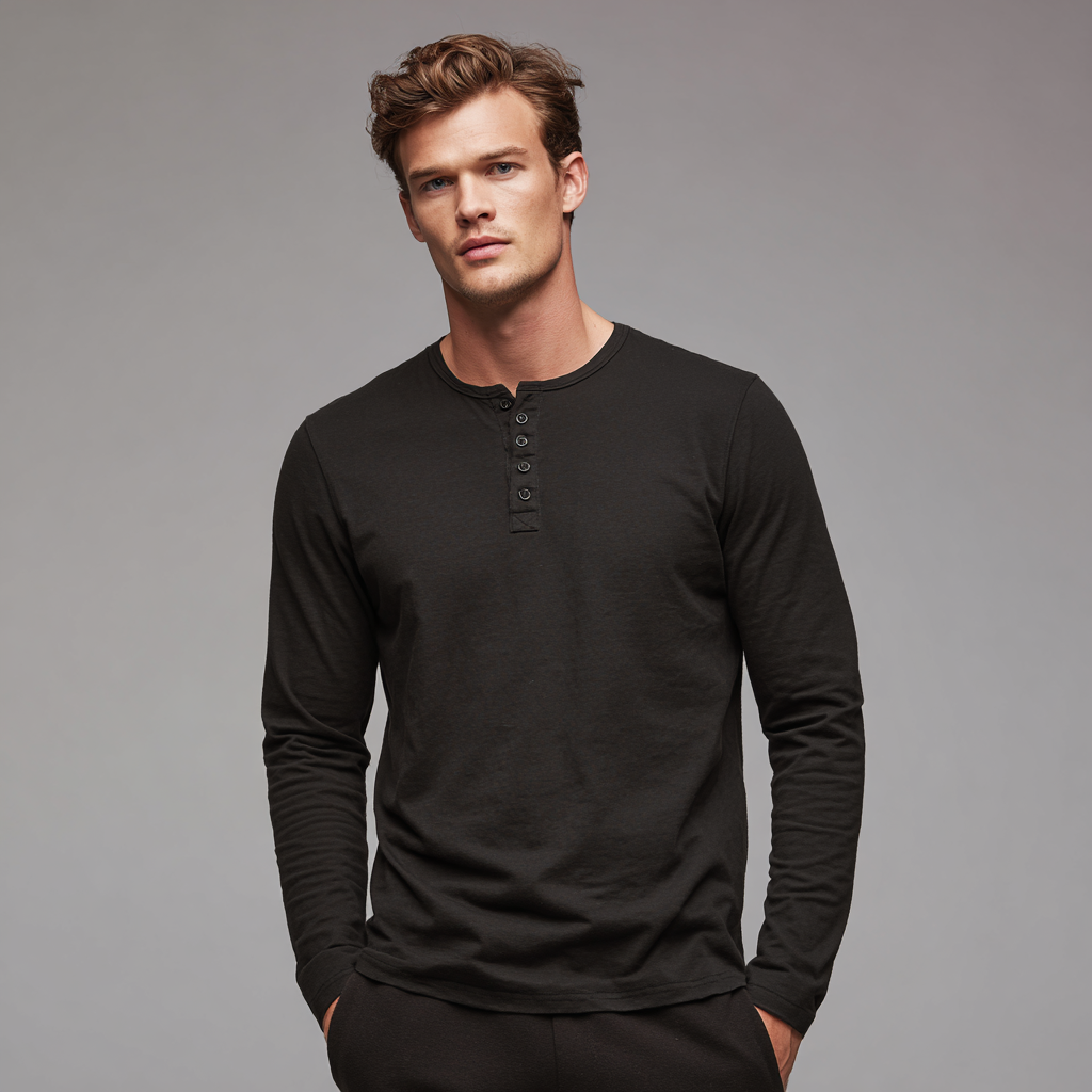 Henley Long-Sleeve Tee — black long-sleeve henley shirt with crew neckline and front button closure | Stella Luna & Co.