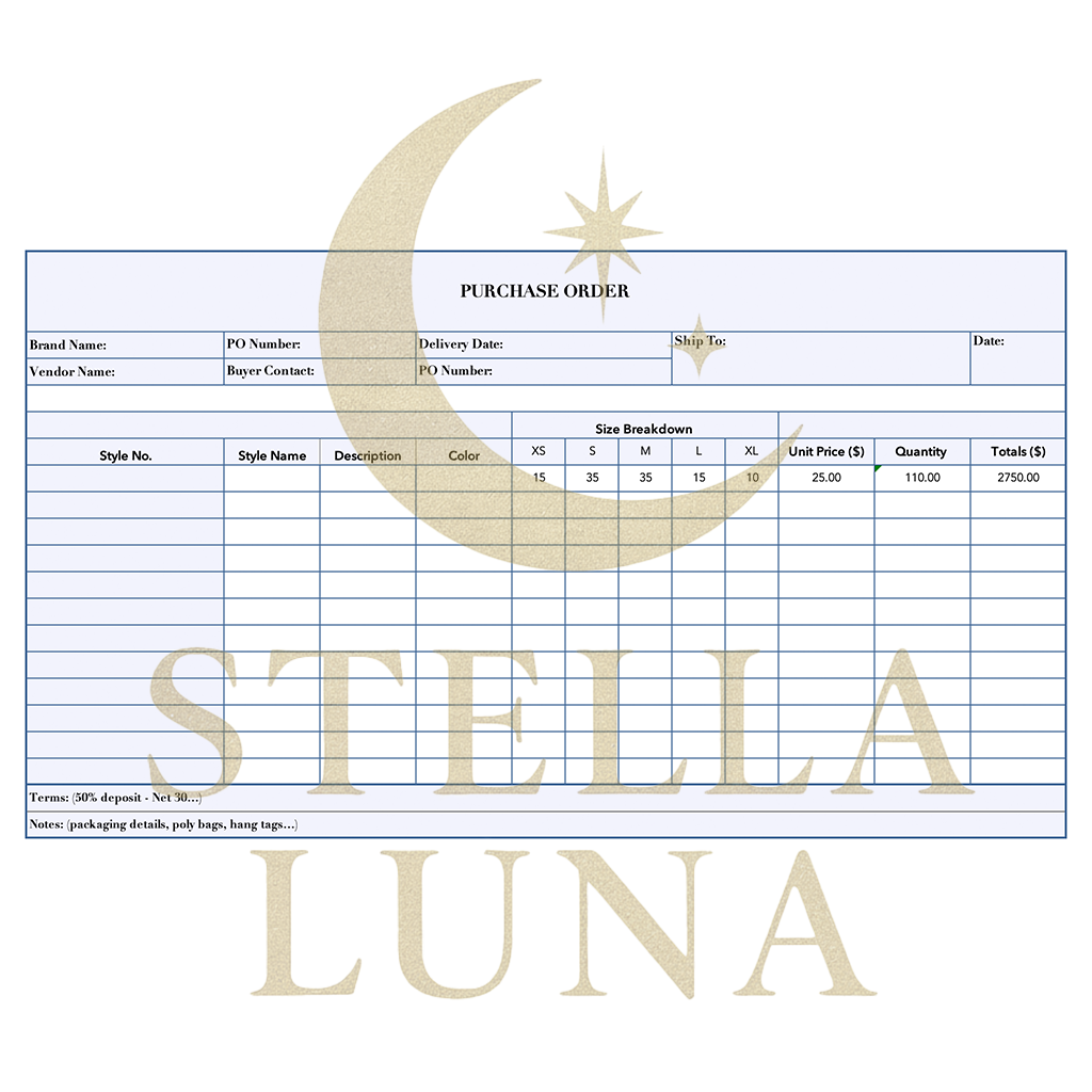 Stella Luna & Co. Purchase Order Form Template — editable Excel sheet for fashion brands with automated size breakdown formulas, vendor fields, and signature section.