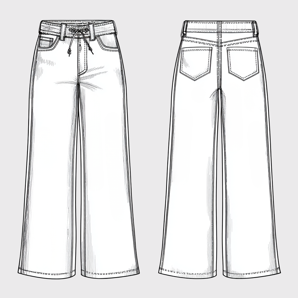 Haze Jean — front and back flat technical drawing showing drawcord waistband, front pockets, and wide-leg cut | Stella Luna & Co.