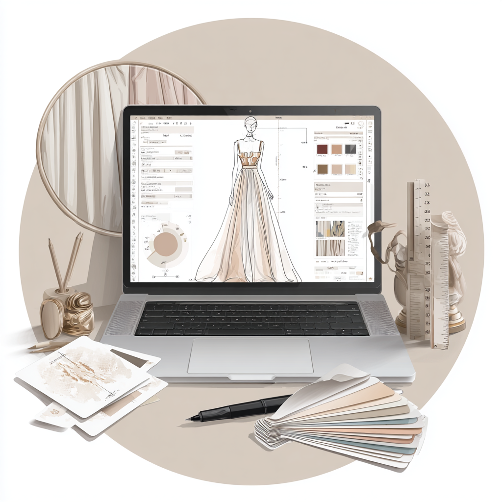 Laptop displaying a digital tech pack with fabric swatches and color palette, illustrating Stella Luna & Co.’s add-on tools for fashion brands.