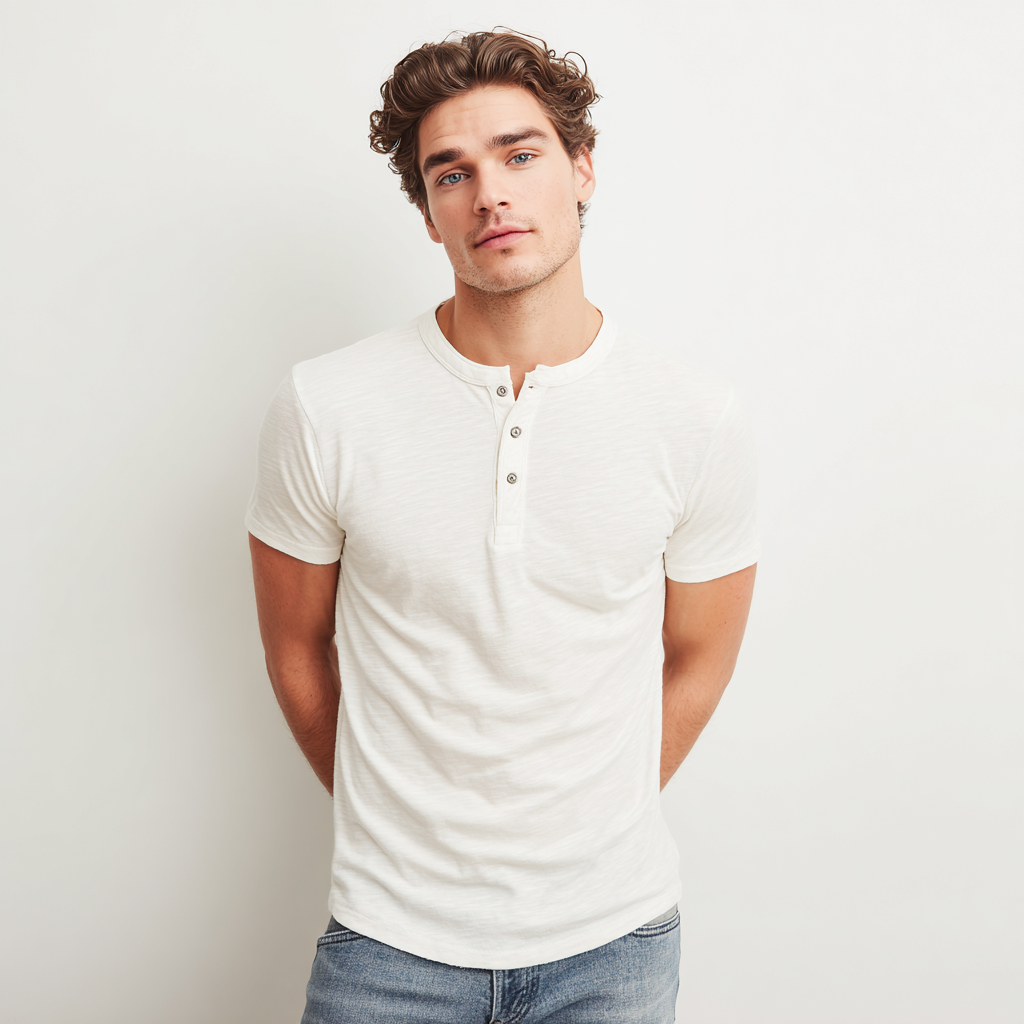 Henley Short-Sleeve Tee — white knit henley t-shirt with short sleeves and slim tailored fit | Stella Luna & Co.