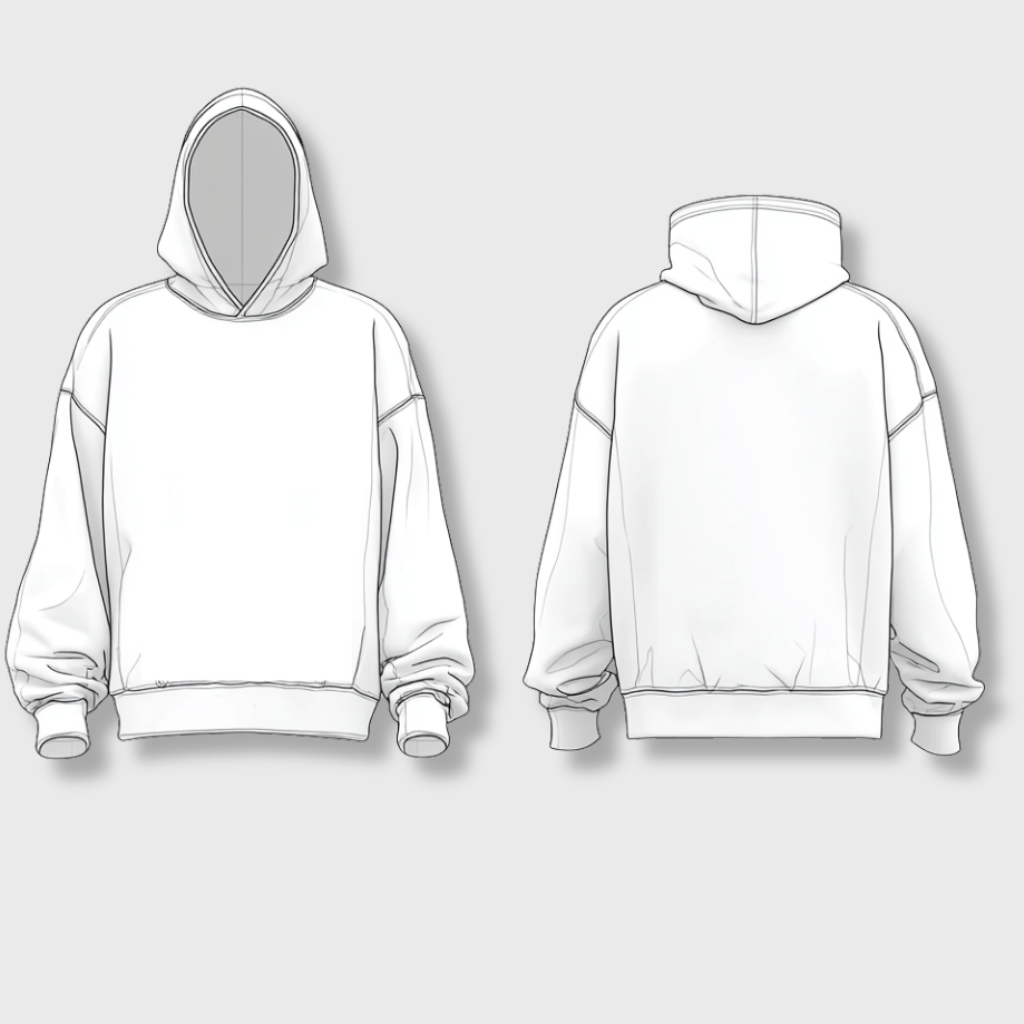 Titan Oversized Pullover Hoodie — front and back technical flat sketch showing dropped shoulders, kangaroo pocket, and ribbed cuffs | Stella Luna & Co.