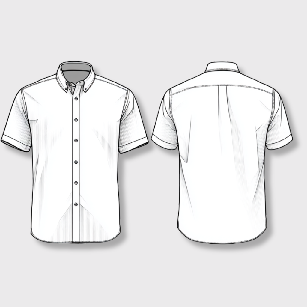 Vega Short-Sleeve Button Down — front and back flat technical drawing showing short sleeves, button placket, and chest pocket | Stella Luna & Co.