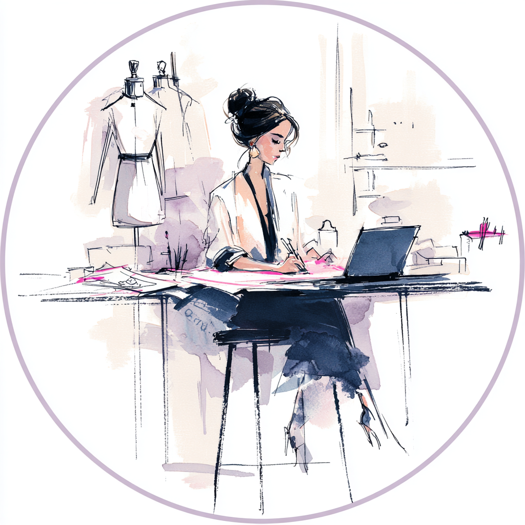 Illustration of a fashion designer sketching at a studio desk with dress forms, representing Stella Luna & Co.’s fashion development services.