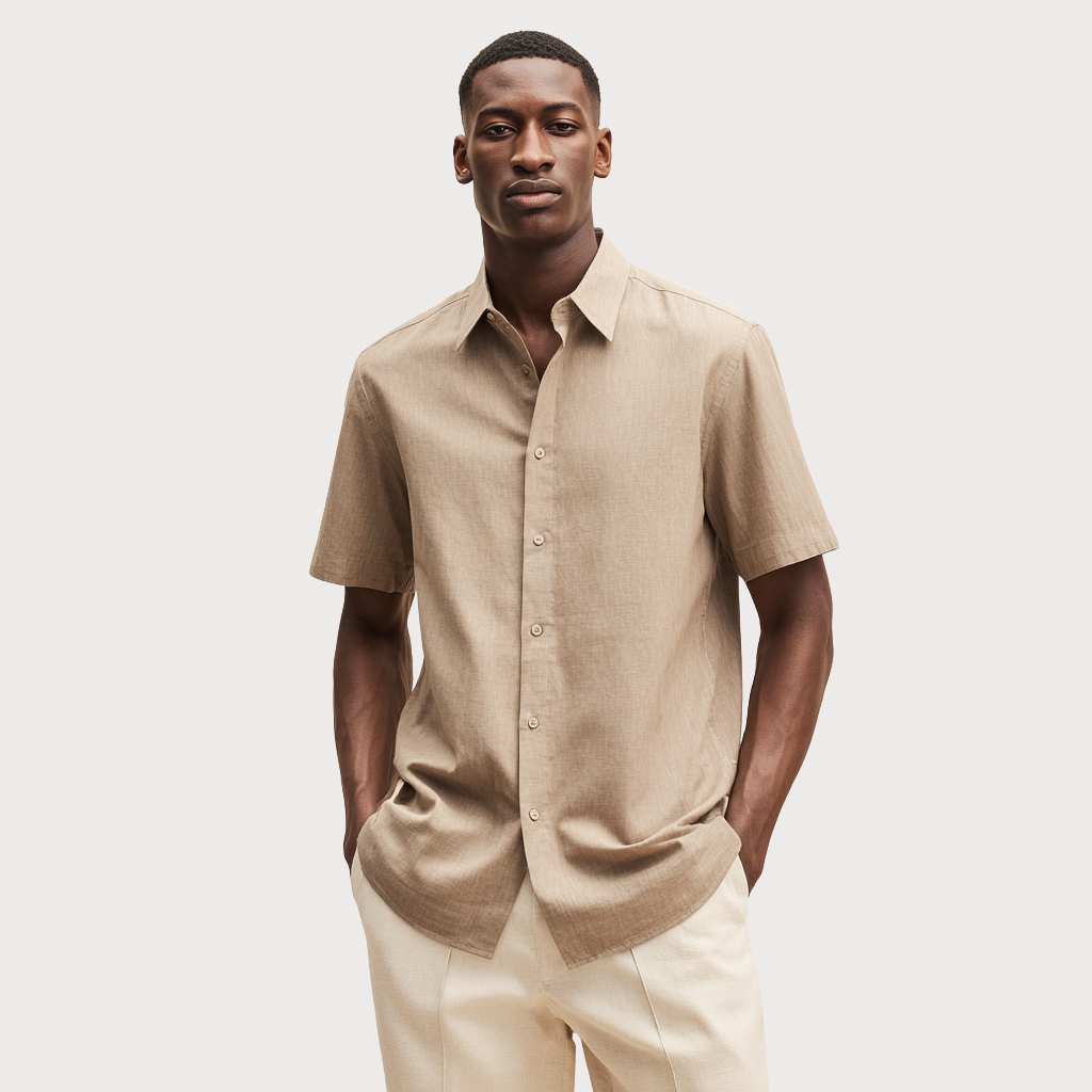 Vega Short-Sleeve Button Down — beige cotton shirt with front pocket, classic collar, and straight hem | Stella Luna & Co.
