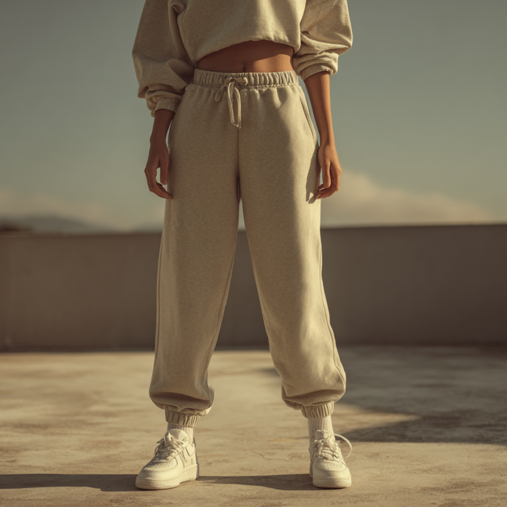 Astra Unisex Elasticized Hem Jogger — tan fleece sweatpant with drawcord waist, elasticized hems, and slouchy relaxed silhouette | Stella Luna & Co.