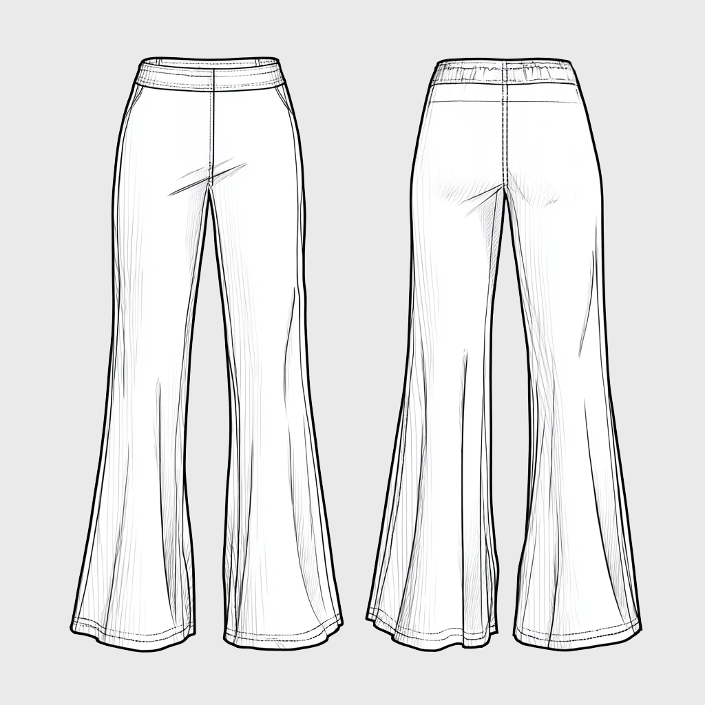 Muse Flared Lounge Pant — front and back technical flat sketch showing full-length flare, high-rise waist, and clean silhouette | Stella Luna & Co.
