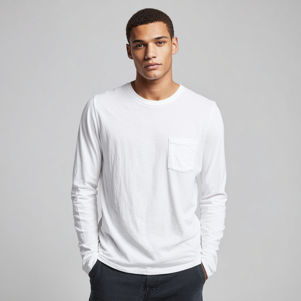 Male model wearing long sleeve crewneck tee with pocket .png