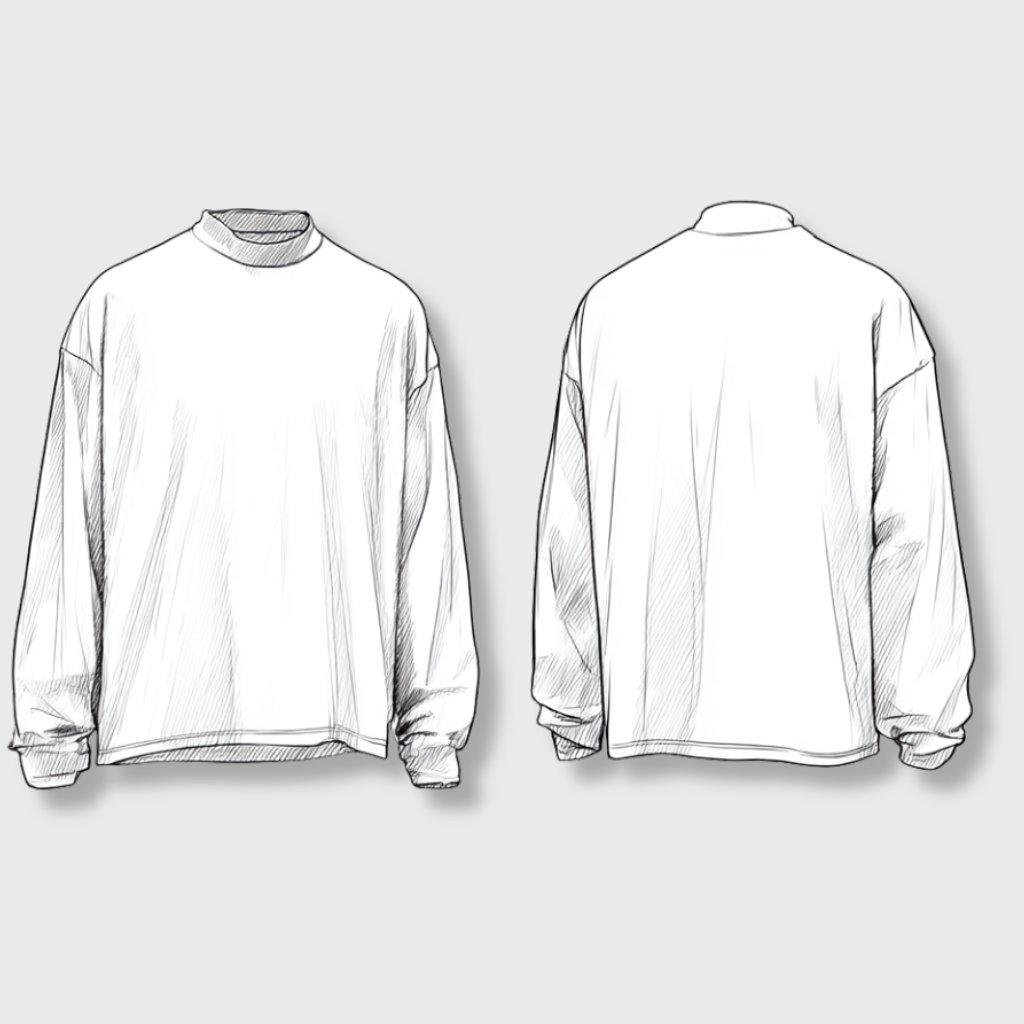Callisto Oversized Long Sleeve Mockneck — front and back flat technical drawing showing mock neckline, long sleeves, and ribbed cuffs and hem | Stella Luna & Co.