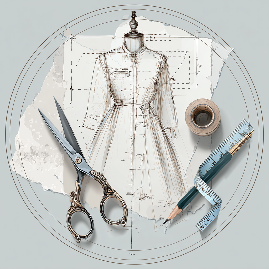 Fashion flat sketch with scissors and measuring tape, representing Stella Luna & Co.’s ready-made digital sewing patterns.
