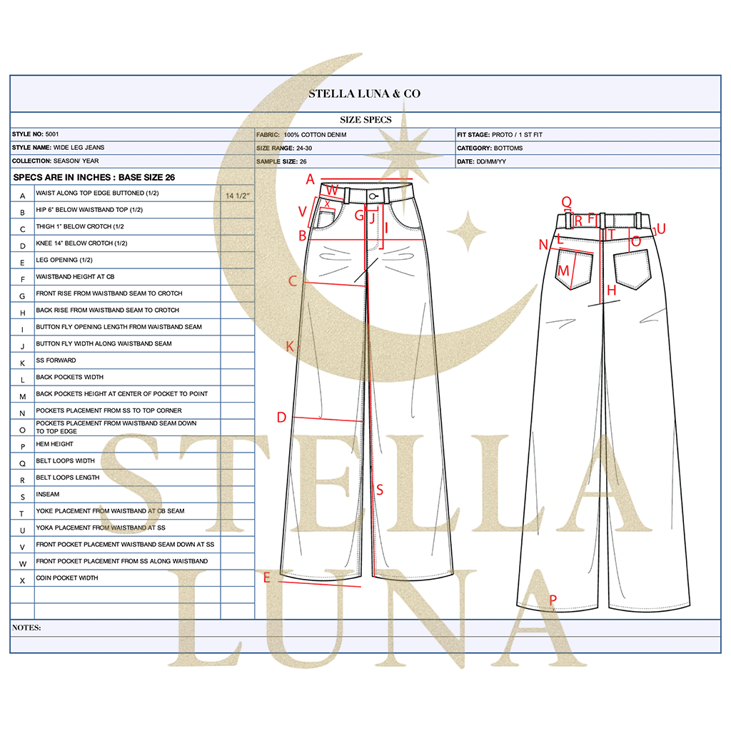Stella Luna & Co. Tech Pack Template — professional digital template for fashion designers including flat sketches, measurements, and construction details | Stella Luna & Co.