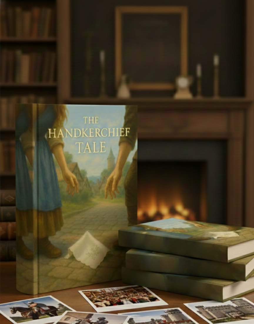 A stack of books and a game box titled "The Handkerchief Tale" on a table with photographs, brown bookshelves, a fireplace, and a framed picture in the background.