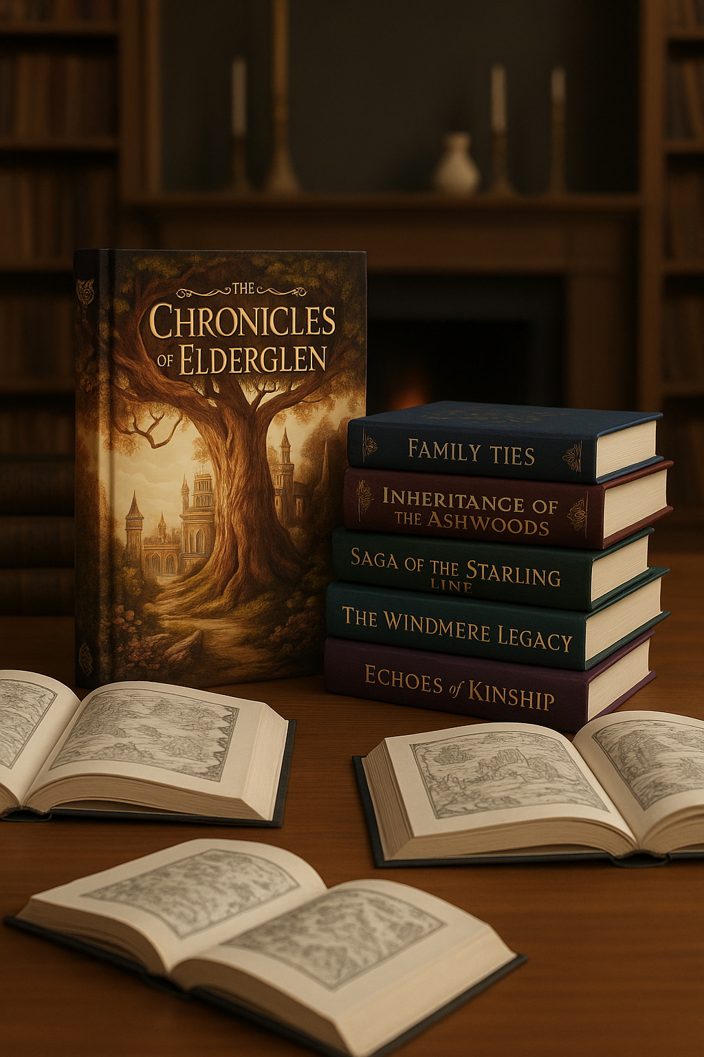 A collection of fantasy-themed books on a wooden table, including 'The Chronicles of Elderglen' standing upright, with other books stacked beside it titled 'Family Ties,' 'Inheritance of the Ashwoods,' 'Saga of the Starling Line,' 'The Windmere Legacy,' and 'Echoes of Kinship.' Open books with black-and-white illustrations are laid out in front.