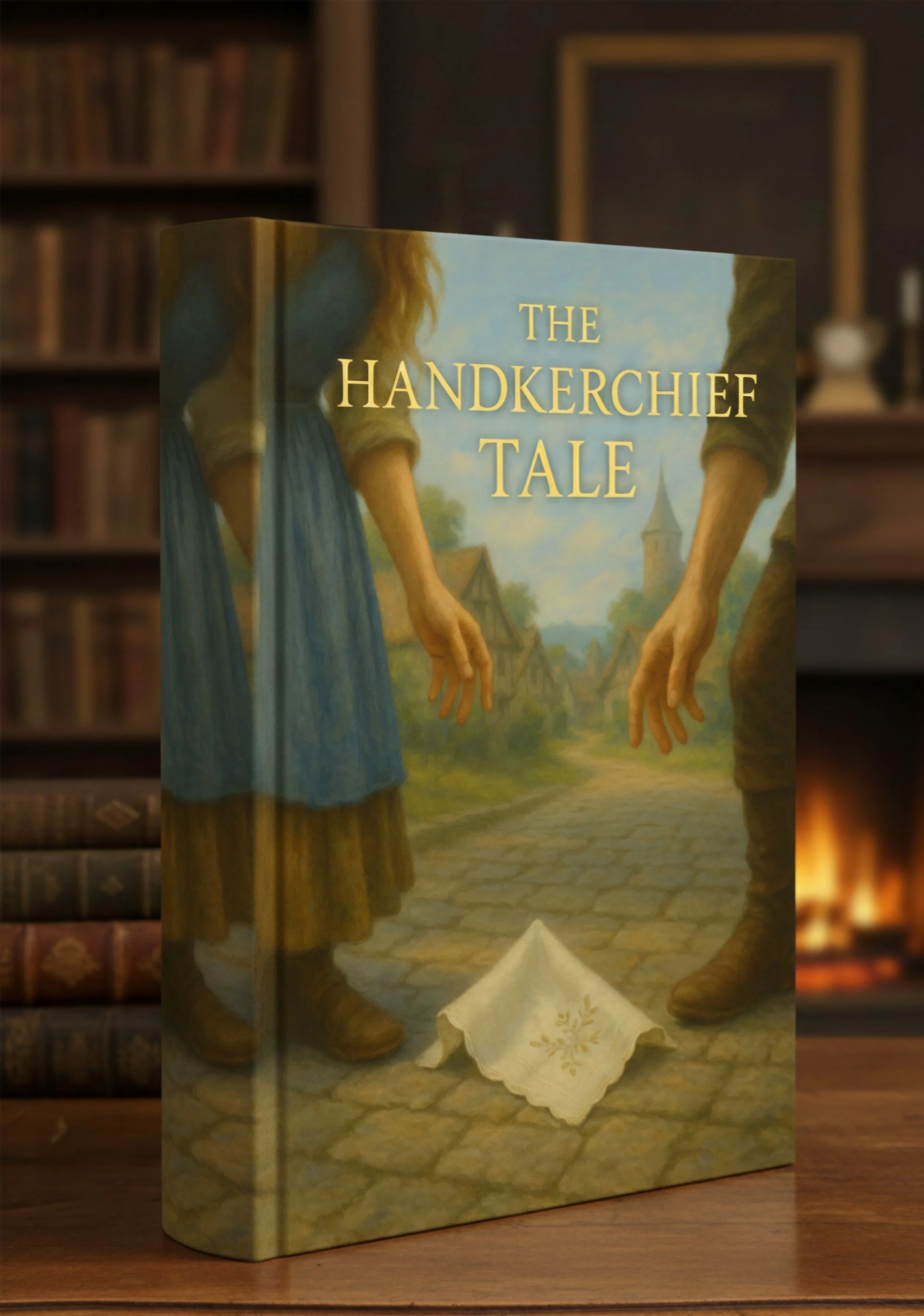 A book titled 'The Handkerchief Tale' standing on a wooden surface in front of a bookshelf and a fireplace, with an illustration of two people reaching towards each other on the cover, set in a village scene.