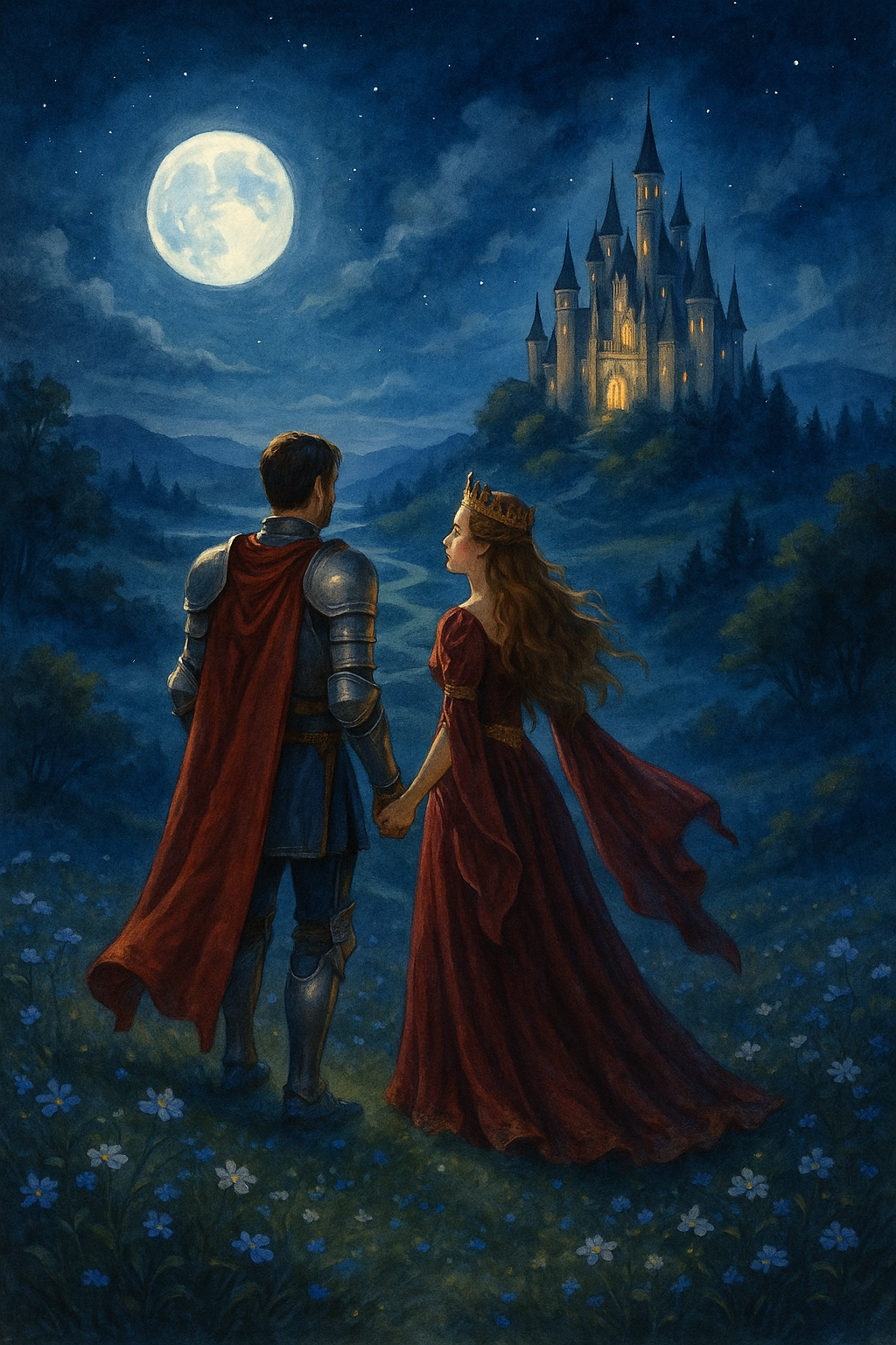 Knight and princess walking hand in hand on a moonlit night with a castle in the background