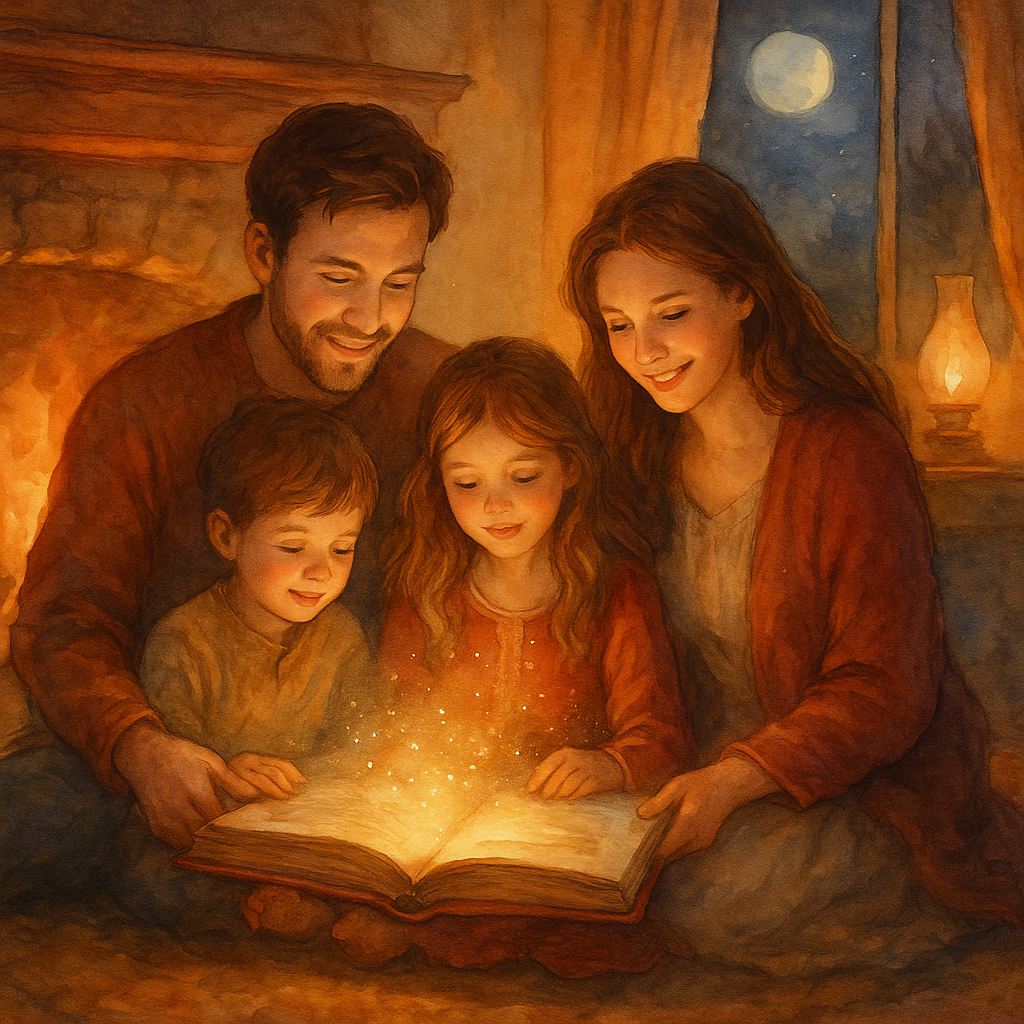 Parents reading a fairytale to their children