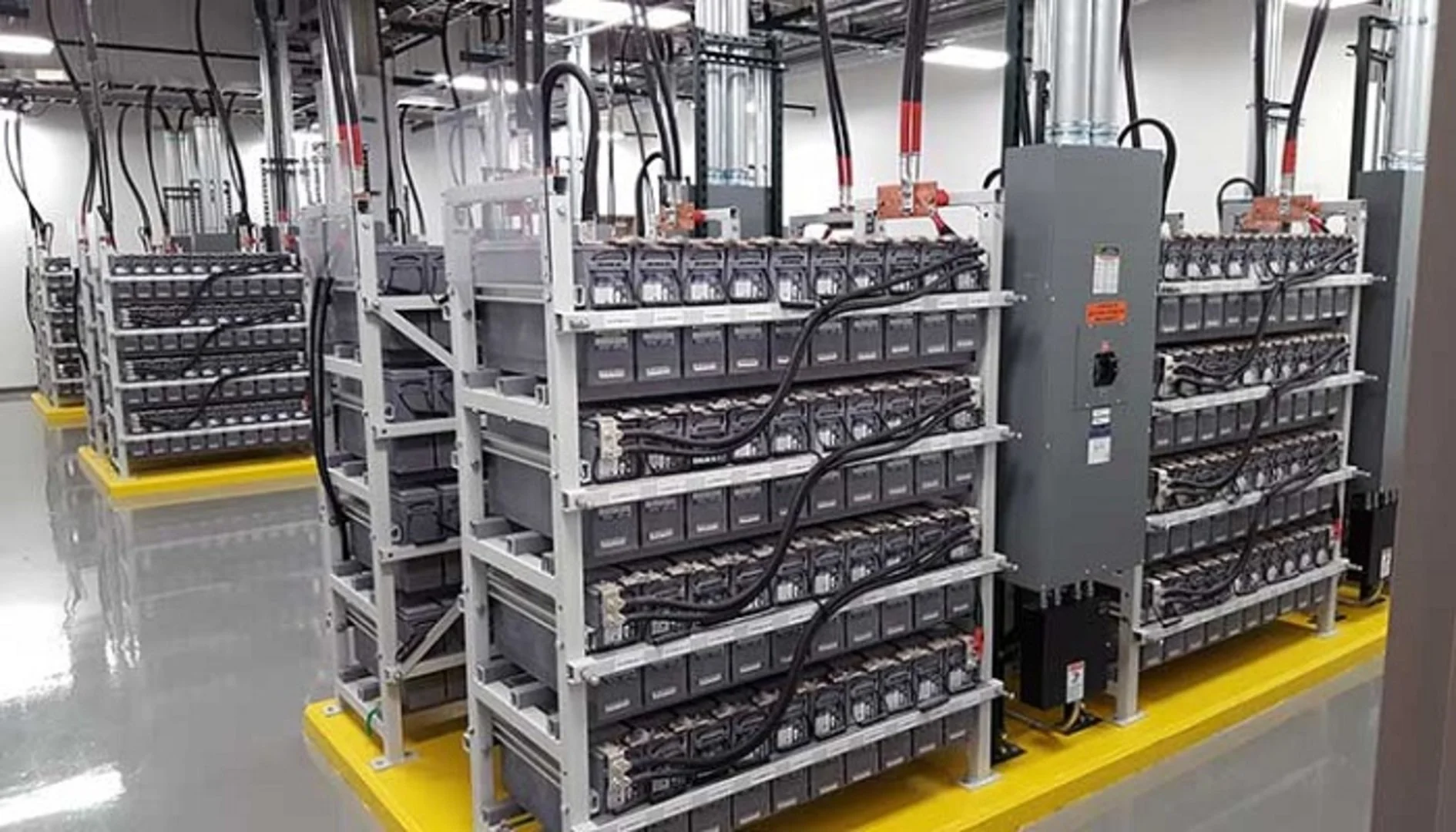 Rows of servers or mining rigs with multiple racks, cables, and cooling systems in a clean, industrial environment.