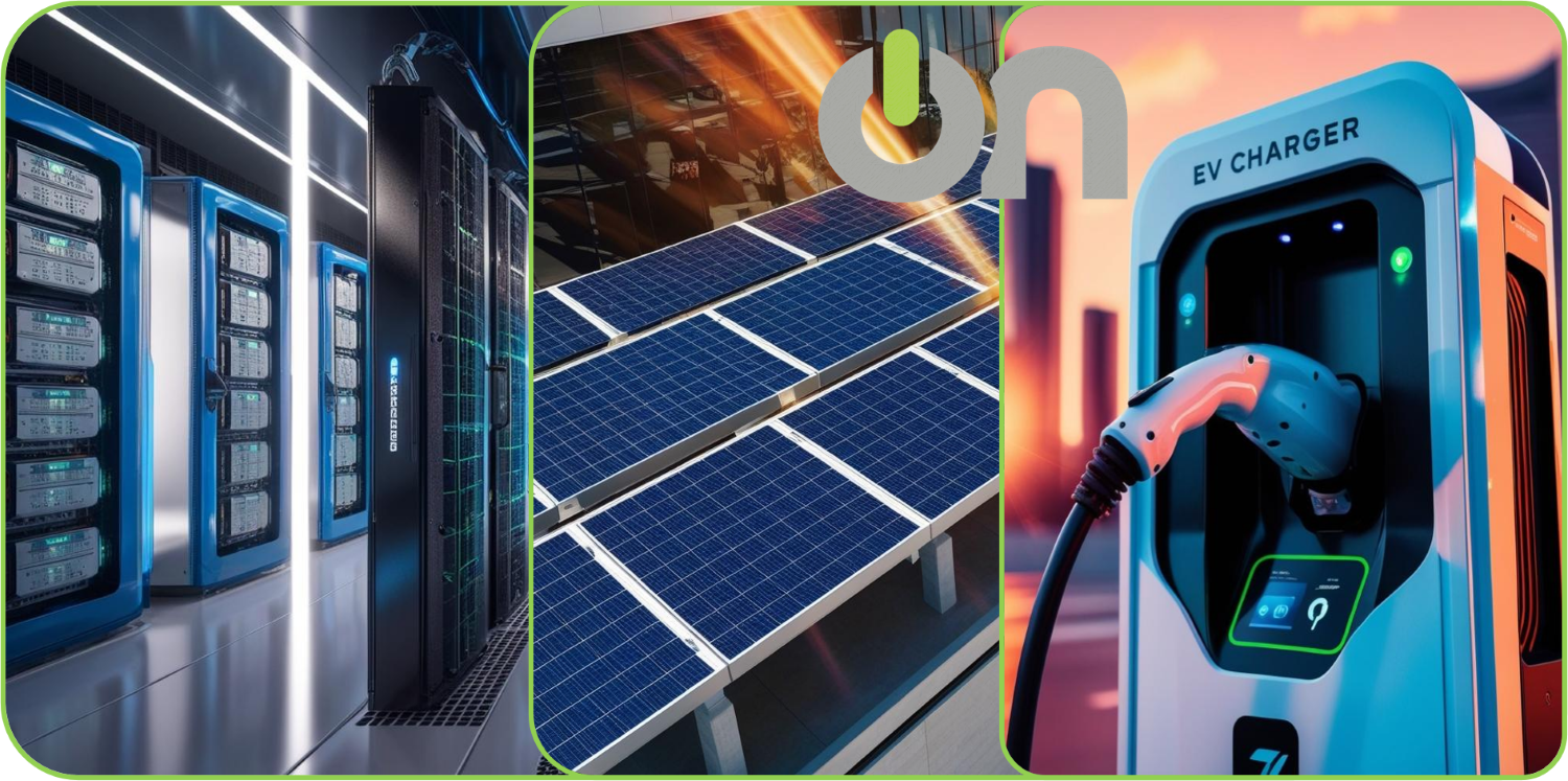 A collage of three images showing renewable energy technology: the first image features a data center with servers, the second shows solar panels on a rooftop, and the third displays an electric vehicle (EV) charging station with a plugged-in charger.