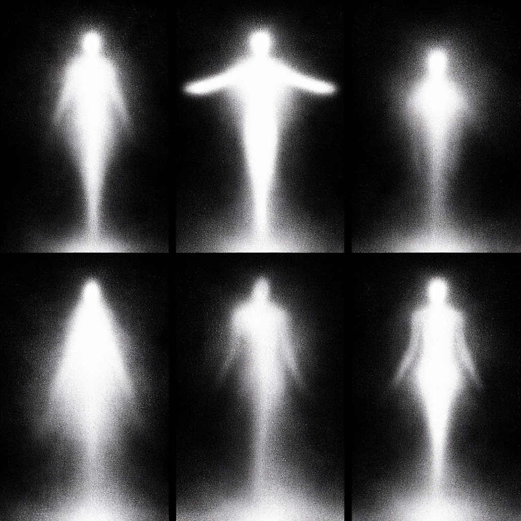 Six black-and-white images of a human figure, with variations in clarity and position, resembling a ghostly silhouette.