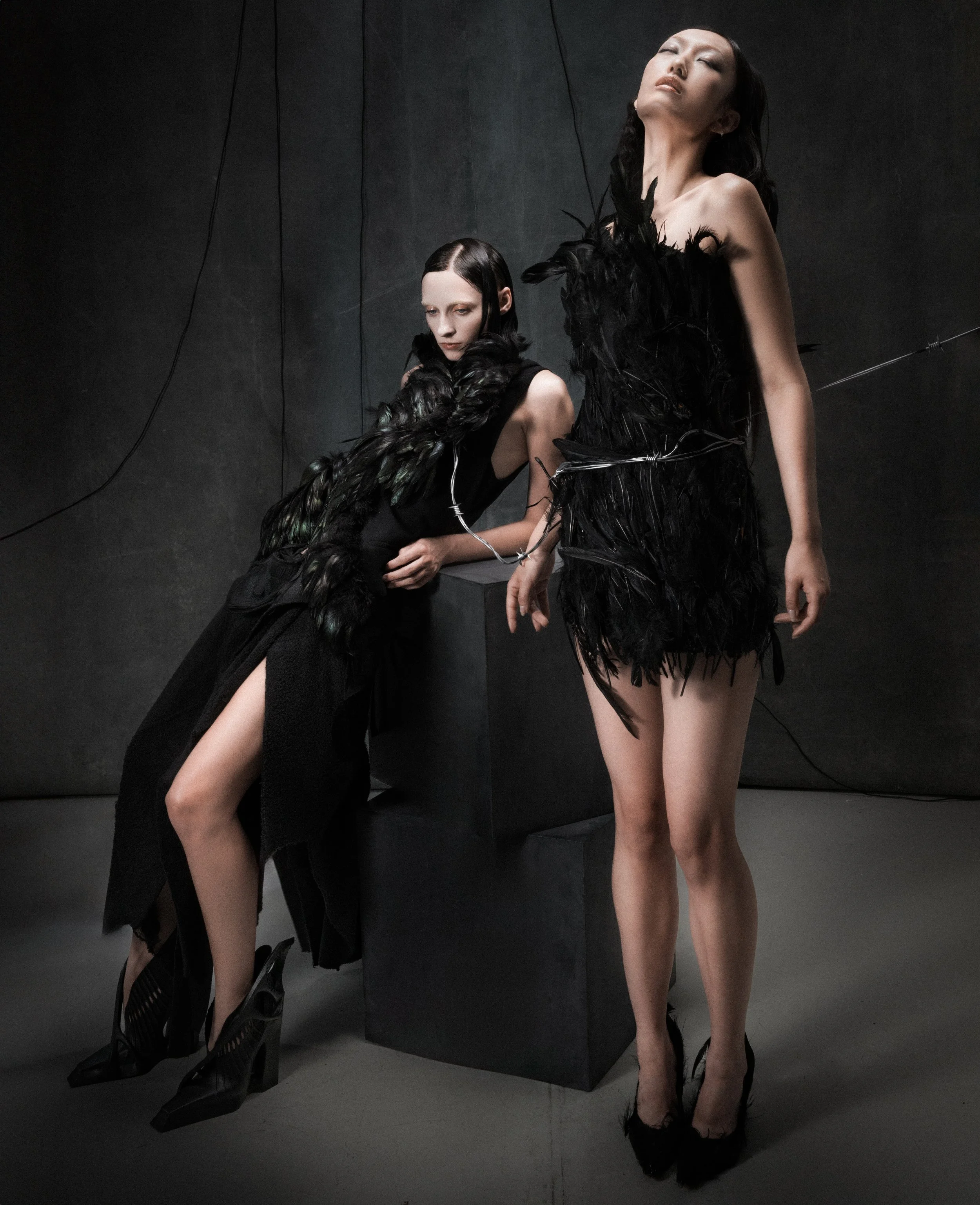 Two women with black hair and pale skin wearing black feathered and textured outfits in a dark, minimalistic setting.