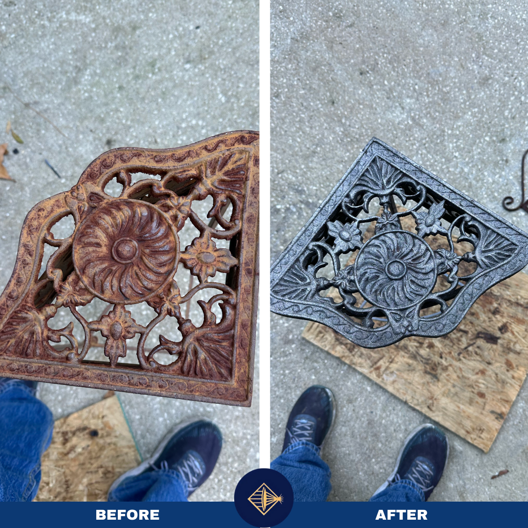 Comparison of an ornate metal table, showing it rusted and weathered in the 'before' image, and cleaned and painted black in the 'after' image.