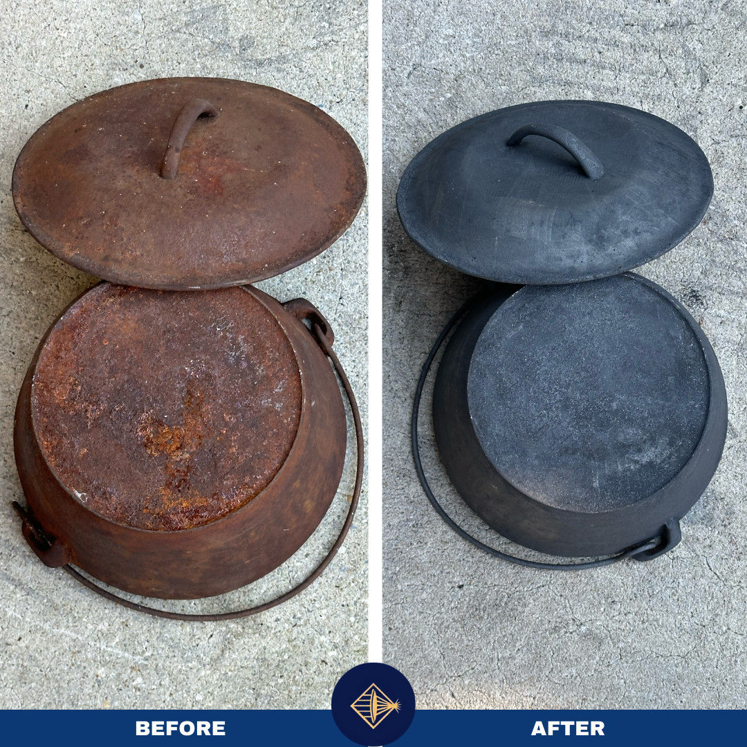 Comparison of two large, round, lidded cast iron pots: the left one is rusty and weathered, the right one is clean and black. Both are placed on a concrete ground.